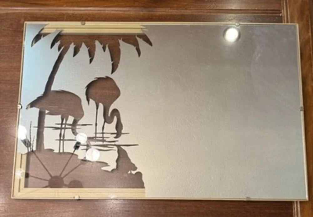 Vintage 80s Art Deco Revival Acid Etched Mirror Art Flamingo Palm Tree 34x22